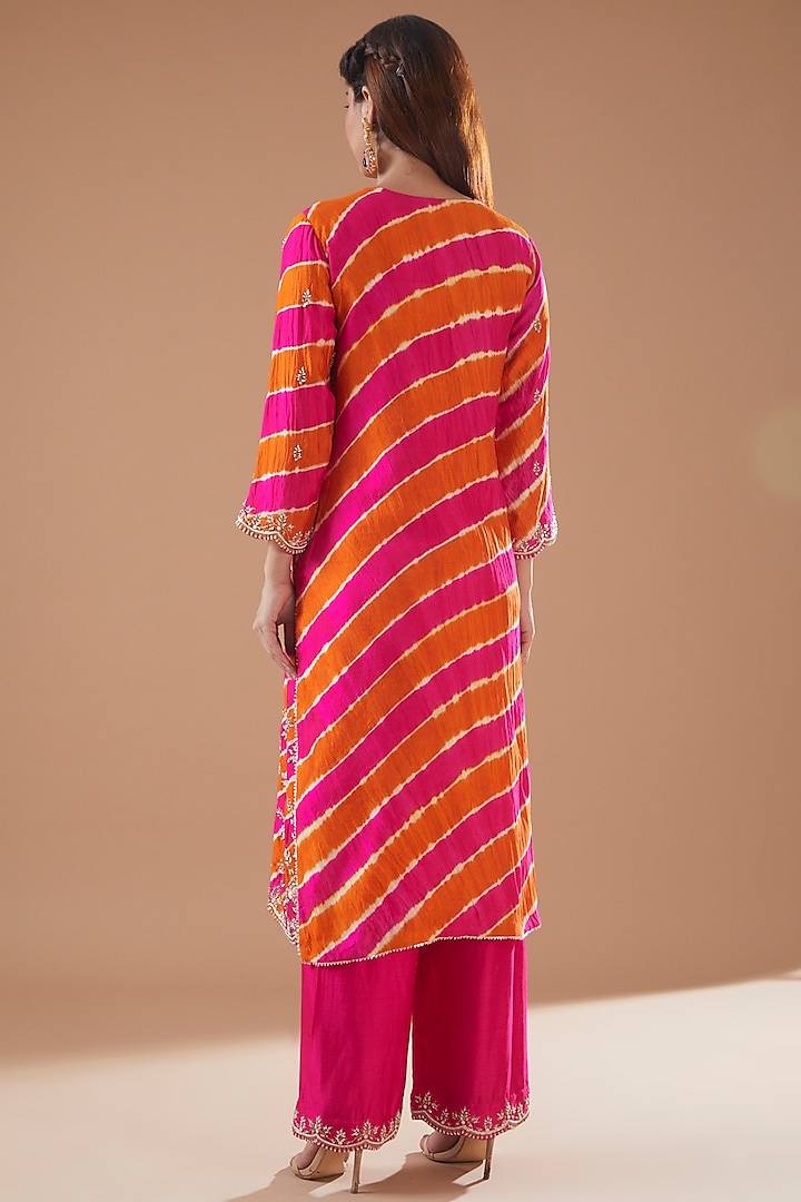 Rani Orange Spun Silk Embroidered & Printed Kurta Set by SURBHI SHAH at Pernia's Pop Up Shop