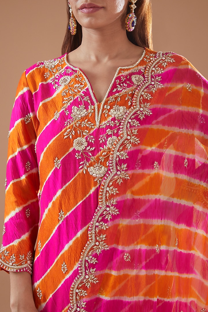 Rani Orange Spun Silk Embroidered & Printed Kurta Set by SURBHI SHAH at Pernia's Pop Up Shop