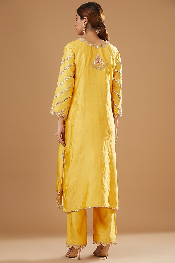 Bright Yellow Pure Spun Silk Embroidered Kurta Set by SURBHI SHAH at Pernia's Pop Up Shop