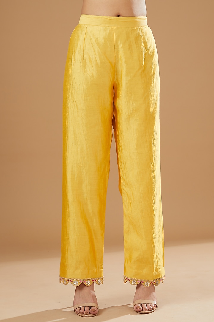 Bright Yellow Pure Spun Silk Embroidered Kurta Set by SURBHI SHAH at Pernia's Pop Up Shop