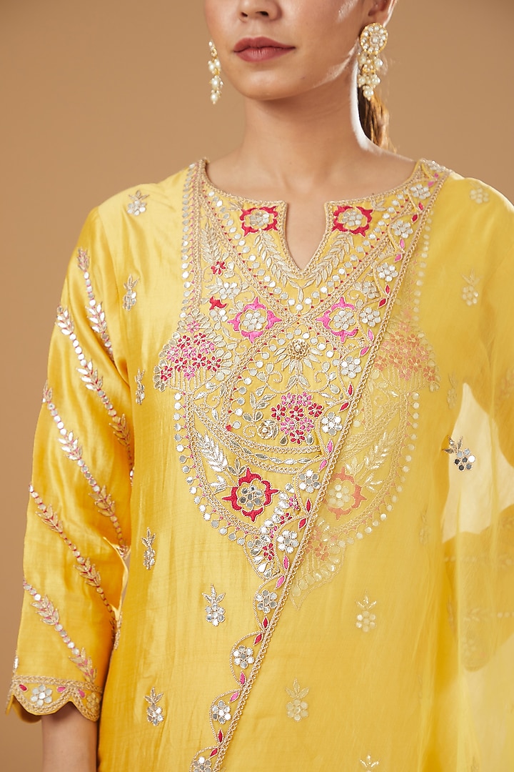 Bright Yellow Pure Spun Silk Embroidered Kurta Set by SURBHI SHAH at Pernia's Pop Up Shop