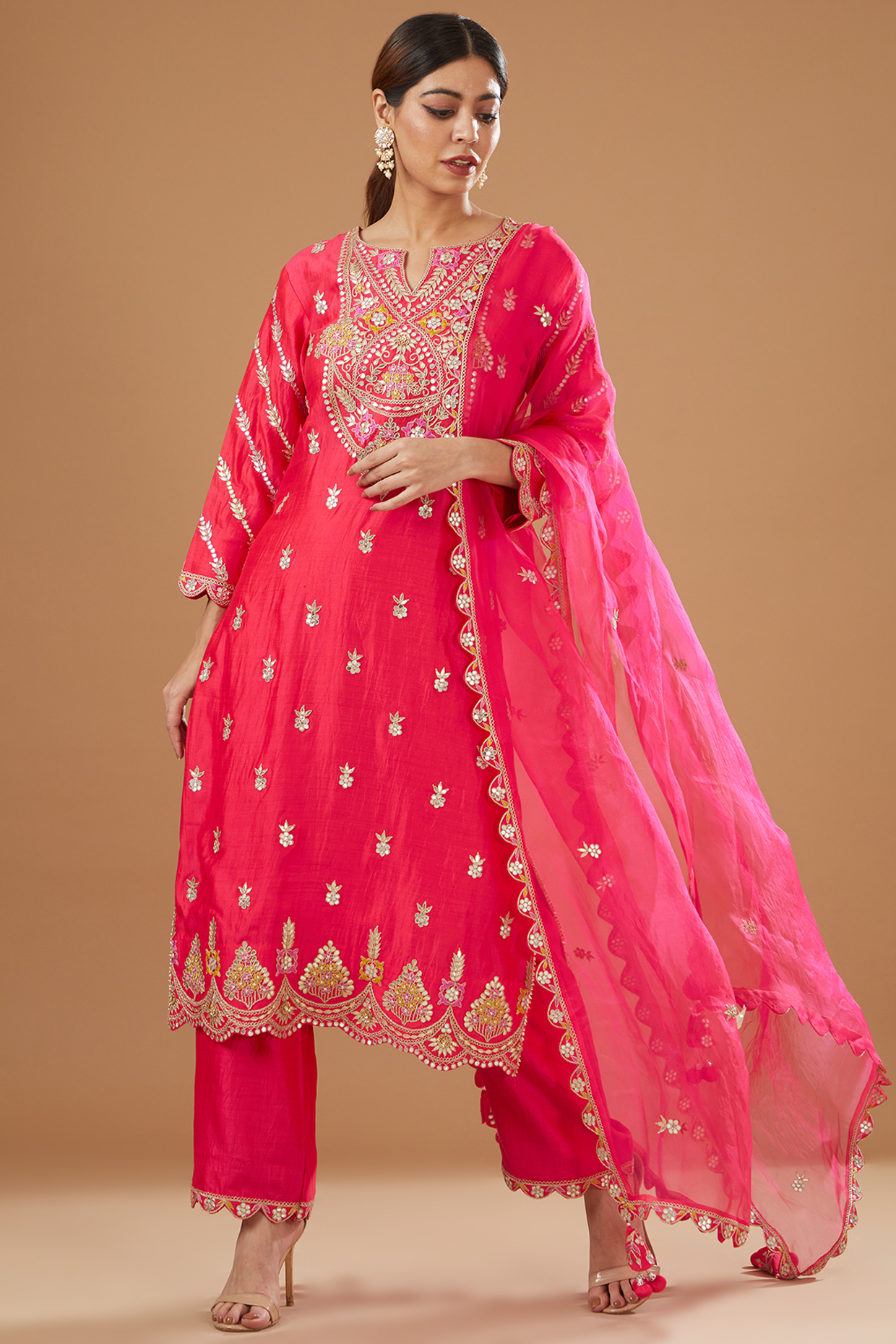 Red Pure Spun Silk Embroidered Kurta Set by SURBHI SHAH at Pernia's Pop Up Shop