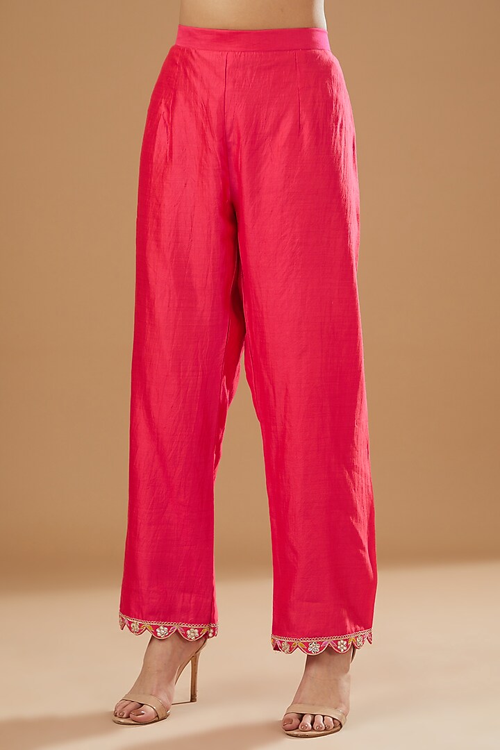 Red Pure Spun Silk Embroidered Kurta Set by SURBHI SHAH at Pernia's Pop Up Shop