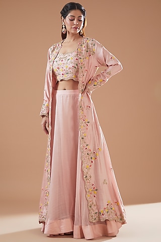 Rose Gold Organza Embroidered Jacket Set by SURBHI SHAH