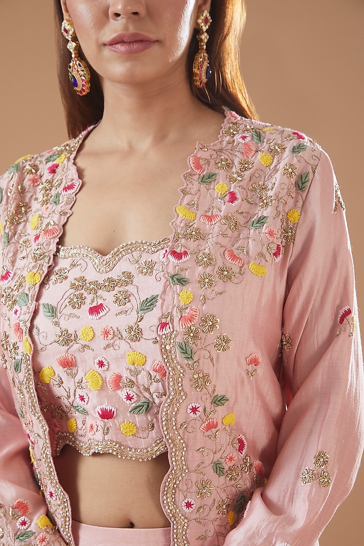 Rose Gold Organza Embroidered Jacket Set by SURBHI SHAH at Pernia's Pop Up Shop