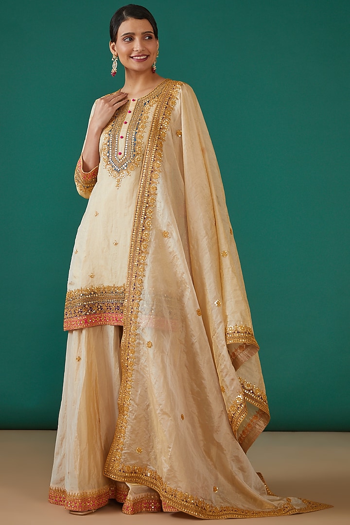 Off-White & Golden Pure Spun Silk Wedding Sharara Set by SURBHI SHAH at Pernia's Pop Up Shop
