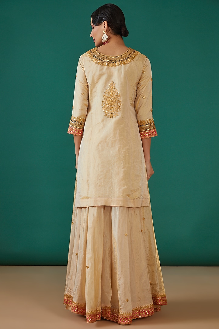 Off-White & Golden Pure Spun Silk Wedding Sharara Set by SURBHI SHAH at Pernia's Pop Up Shop