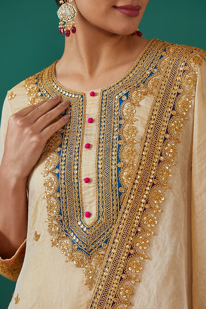 Off-White & Golden Pure Spun Silk Wedding Sharara Set by SURBHI SHAH at Pernia's Pop Up Shop