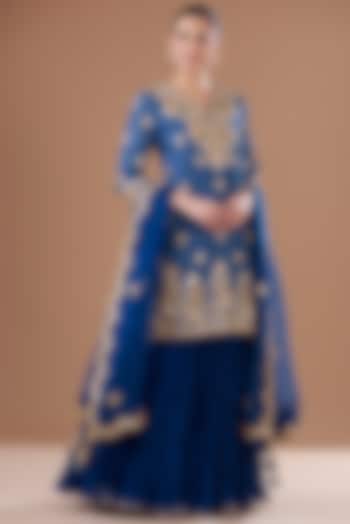 Teal Blue Silk Crush Skirt Set by SURBHI SHAH at Pernia's Pop Up Shop