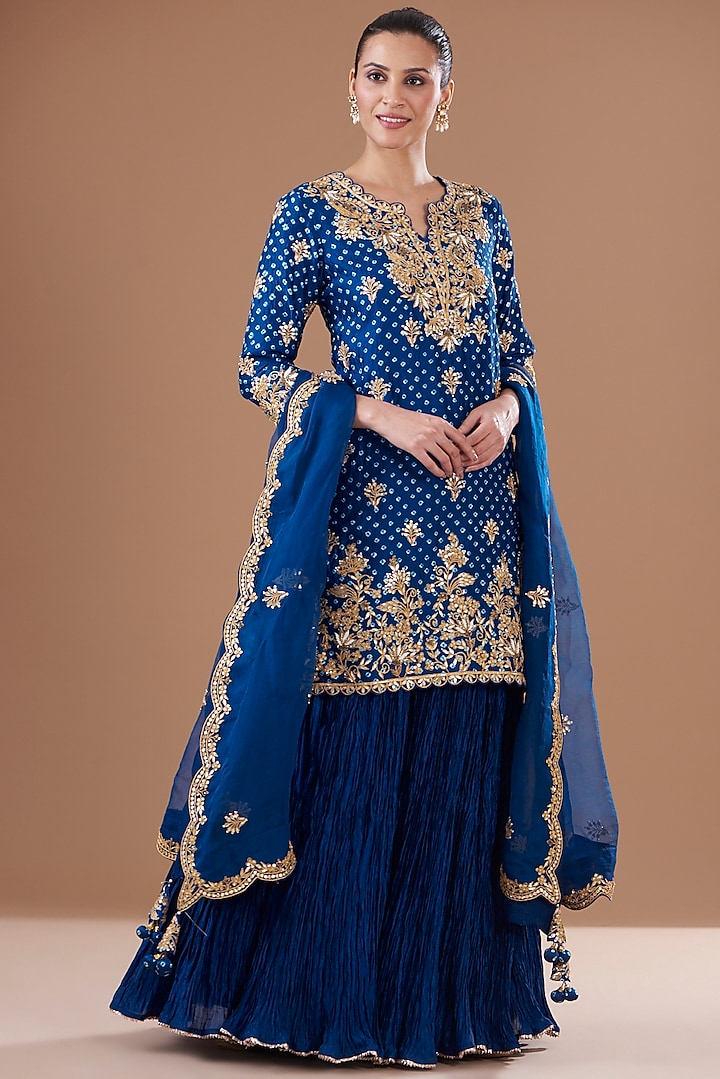 Teal Blue Silk Crush Skirt Set by SURBHI SHAH at Pernia's Pop Up Shop