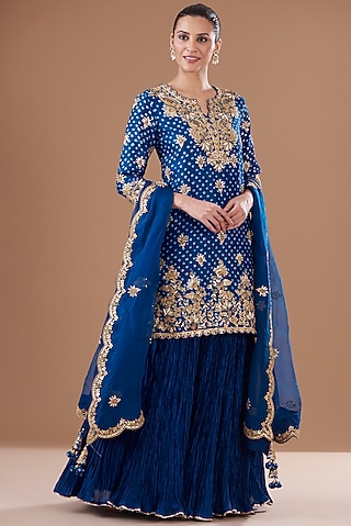 Teal Blue Silk Crush Skirt Set by SURBHI SHAH
