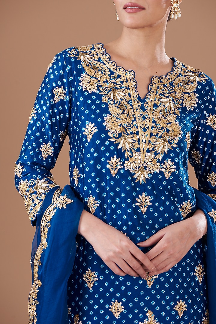 Teal Blue Silk Crush Skirt Set by SURBHI SHAH at Pernia's Pop Up Shop