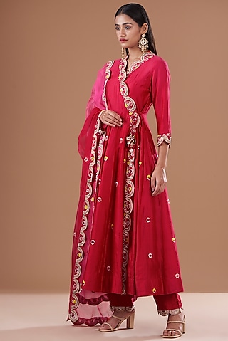 Red Pure Spun Silk Hand Embroidered Angrakha Kurta Set by SURBHI SHAH