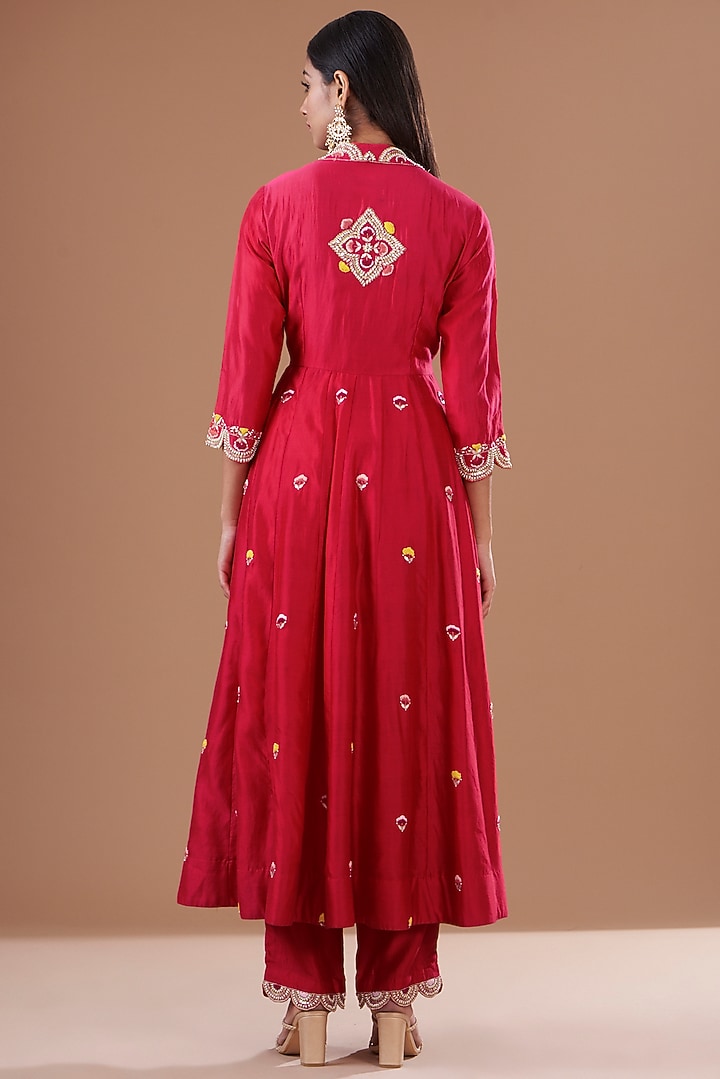 Red Pure Spun Silk Hand Embroidered Angrakha Kurta Set by SURBHI SHAH at Pernia's Pop Up Shop