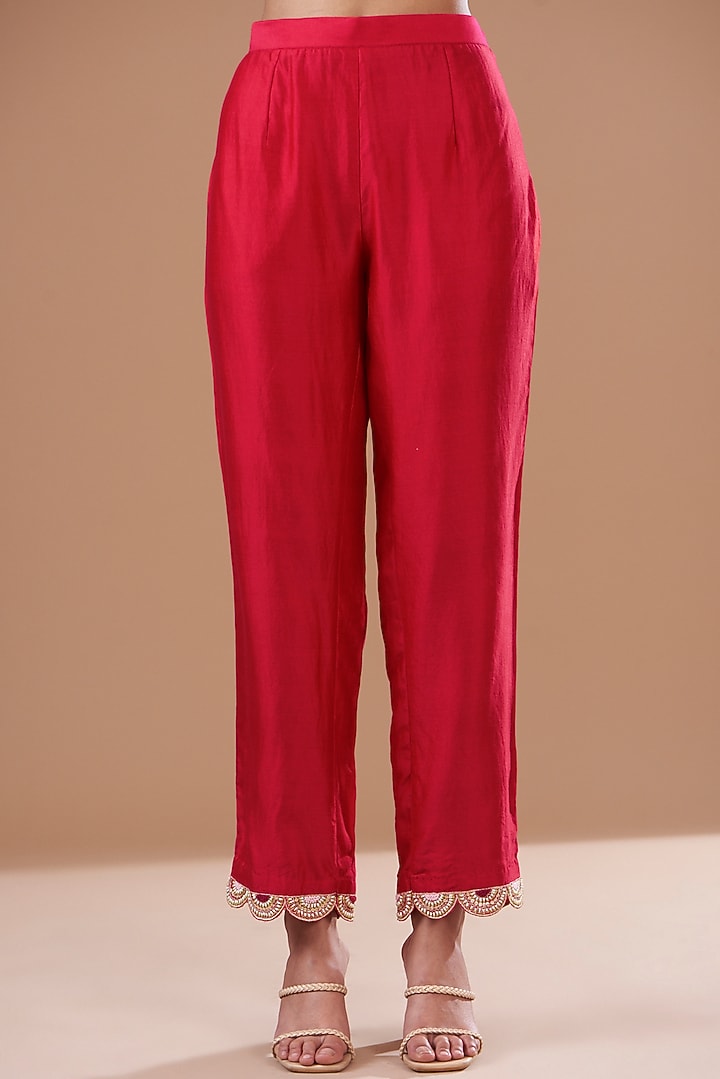 Red Pure Spun Silk Hand Embroidered Angrakha Kurta Set by SURBHI SHAH at Pernia's Pop Up Shop