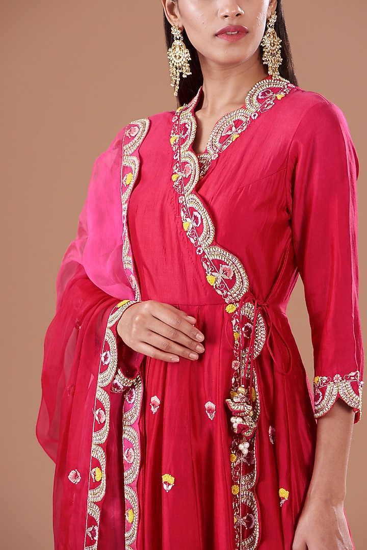 Red Pure Spun Silk Hand Embroidered Angrakha Kurta Set by SURBHI SHAH at Pernia's Pop Up Shop