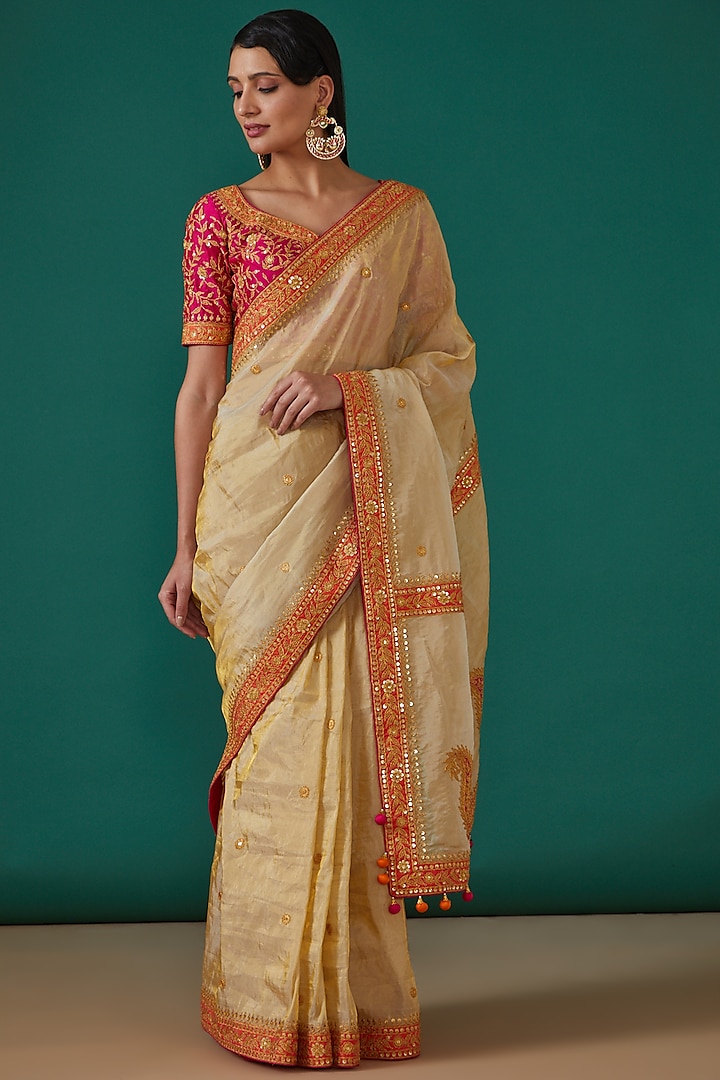 Golden Tissue Hand Embroidered Saree Set by Surbhi Shah