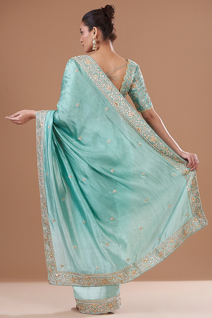 Sea Blue Kora Silk Hand Embroidered Wedding Saree Set by SURBHI SHAH at Pernia's Pop Up Shop