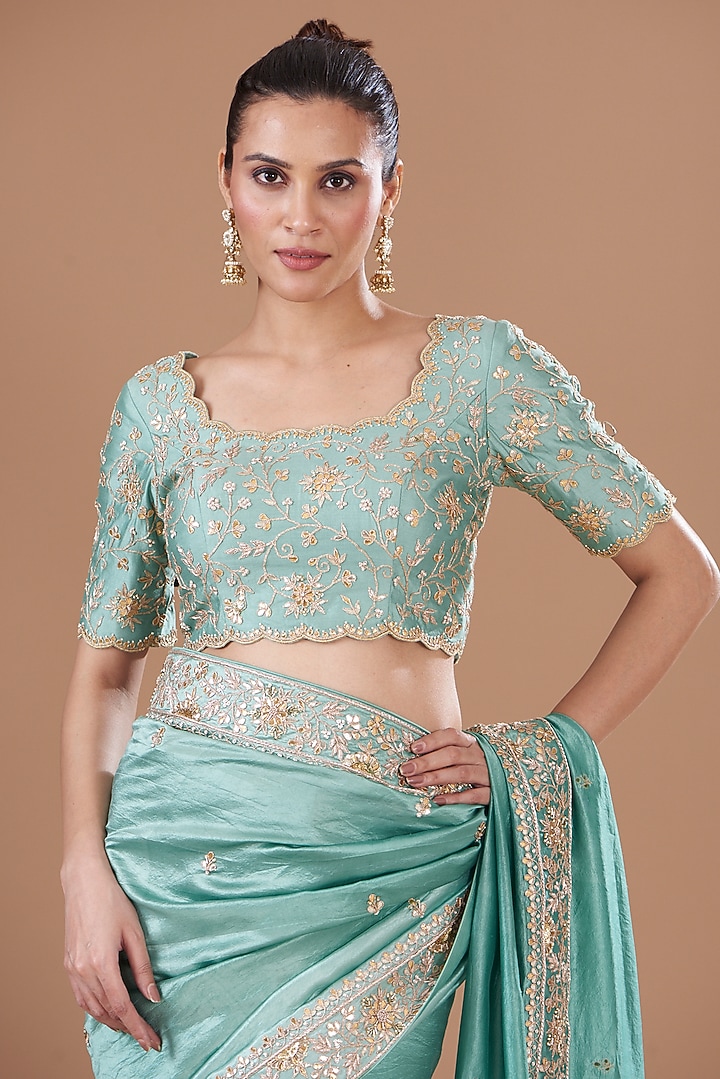 Sea Blue Kora Silk Hand Embroidered Wedding Saree Set by SURBHI SHAH at Pernia's Pop Up Shop