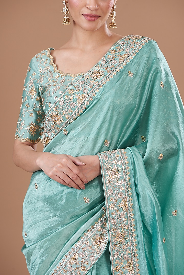 Sea Blue Kora Silk Hand Embroidered Wedding Saree Set by SURBHI SHAH at Pernia's Pop Up Shop