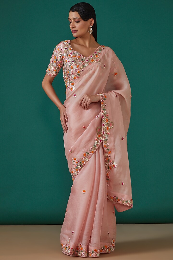 Rose Pink Satin Organza Hand Embroidered Wedding Saree Set by Surbhi Shah at Pernia's Pop Up Shop