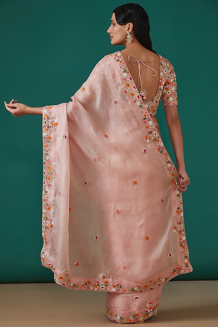 Rose Pink Satin Organza Hand Embroidered Wedding Saree Set by Surbhi Shah at Pernia's Pop Up Shop