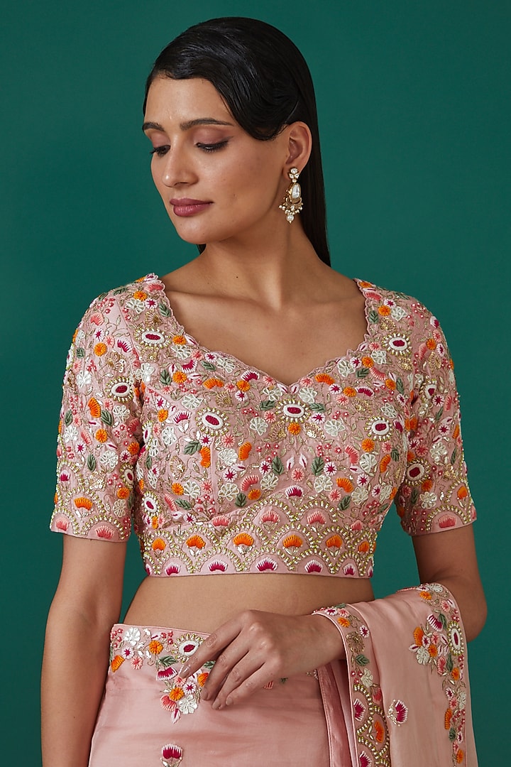 Rose Pink Satin Organza Hand Embroidered Wedding Saree Set by Surbhi Shah at Pernia's Pop Up Shop