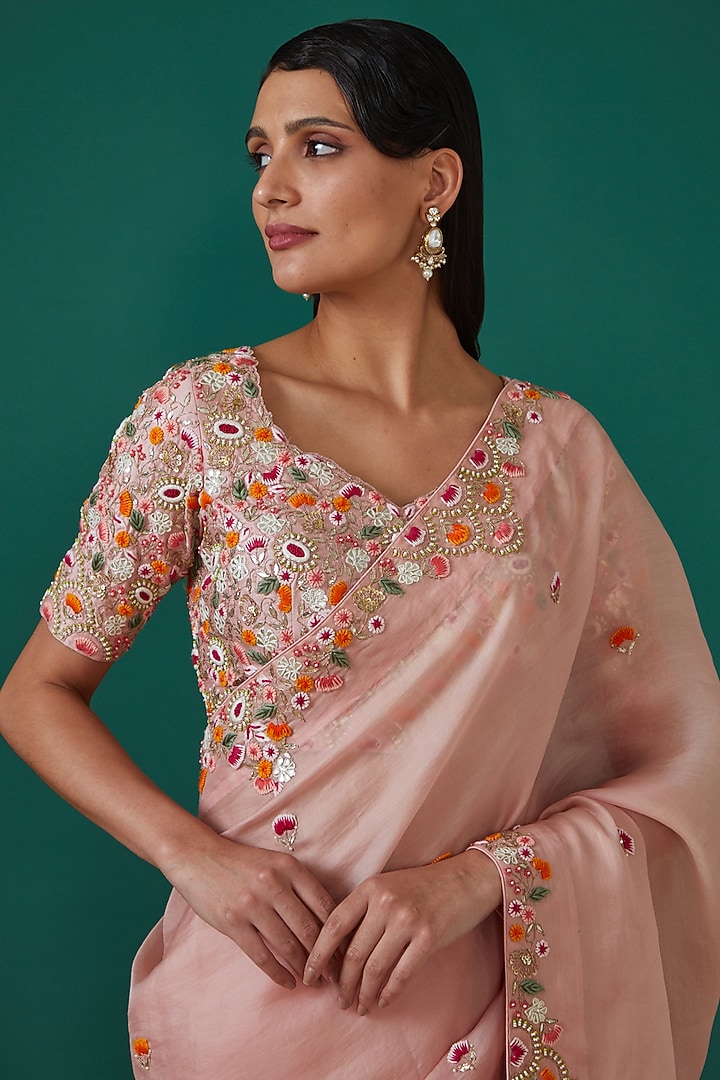 Rose Pink Satin Organza Hand Embroidered Wedding Saree Set by Surbhi Shah at Pernia's Pop Up Shop