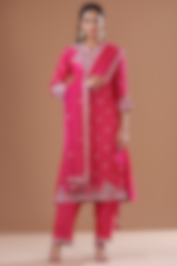 Rani Pink Pure Spun Silk Hand Embroidered Kurta Set by SURBHI SHAH at Pernia's Pop Up Shop