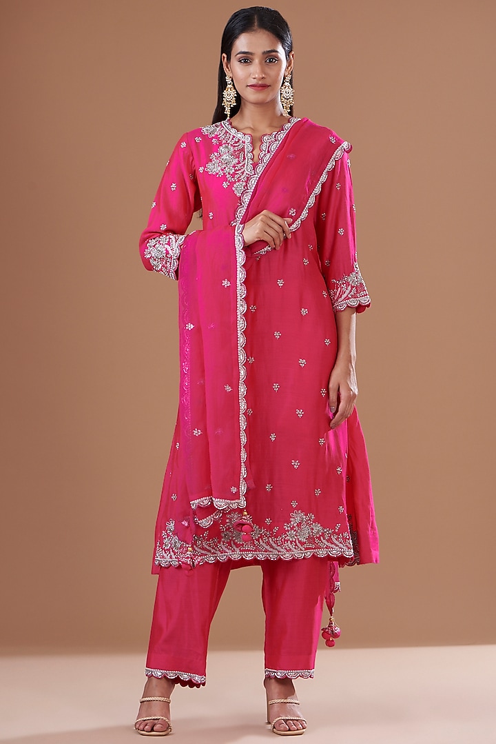 Rani Pink Pure Spun Silk Hand Embroidered Kurta Set by SURBHI SHAH