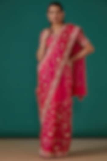 Red Satin Organza Zardosi & Marodi Hand Embroidered Reception Saree Set by Surbhi Shah at Pernia's Pop Up Shop