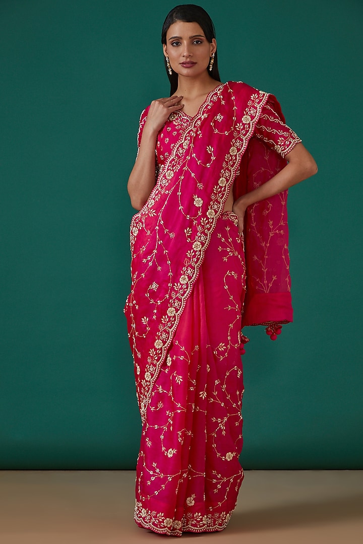 Red Satin Organza Zardosi & Marodi Hand Embroidered Reception Saree Set by Surbhi Shah at Pernia's Pop Up Shop