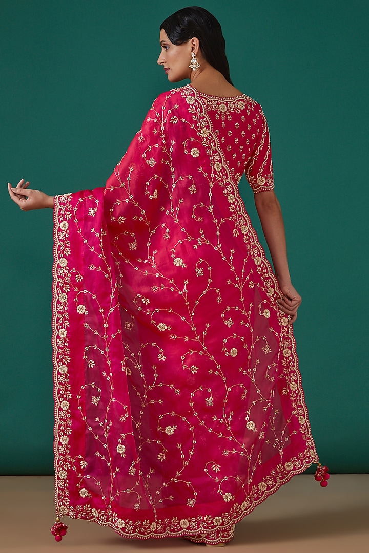 Red Satin Organza Zardosi & Marodi Hand Embroidered Reception Saree Set by Surbhi Shah at Pernia's Pop Up Shop