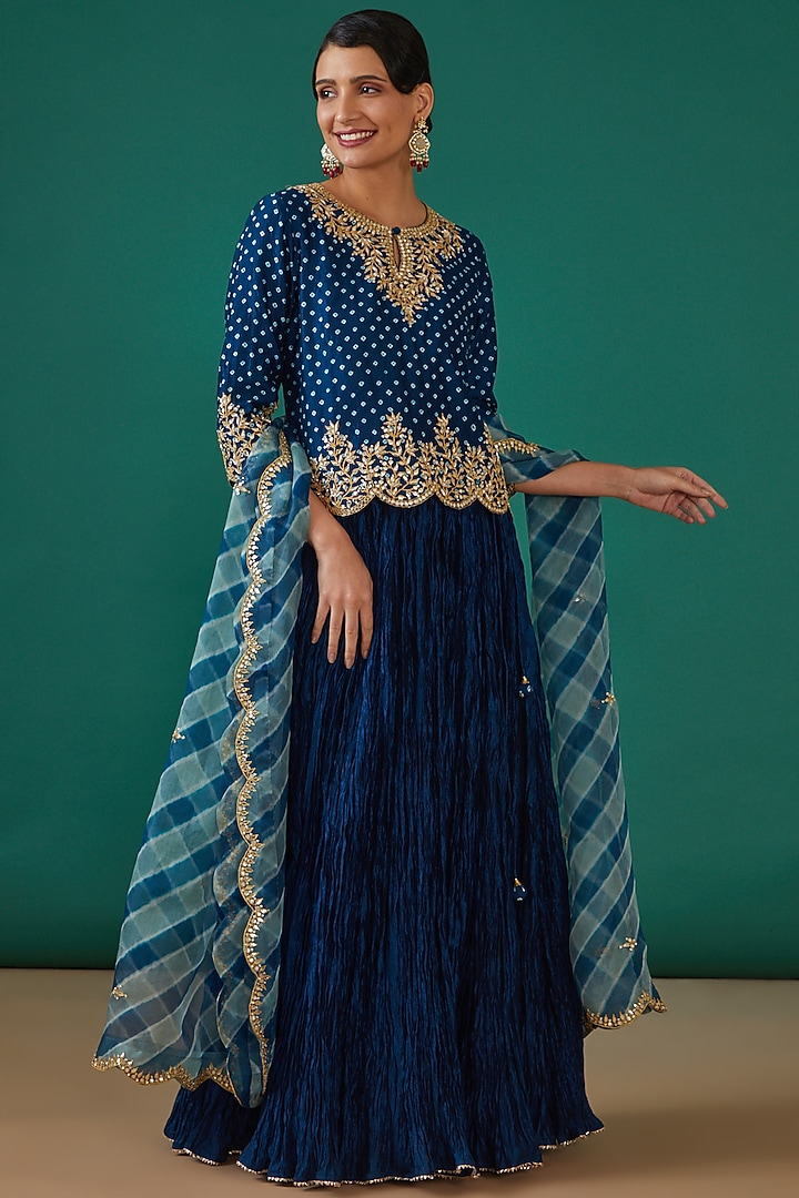 Teal Blue Kora Silk Skirt Set by Surbhi Shah at Pernia's Pop Up Shop