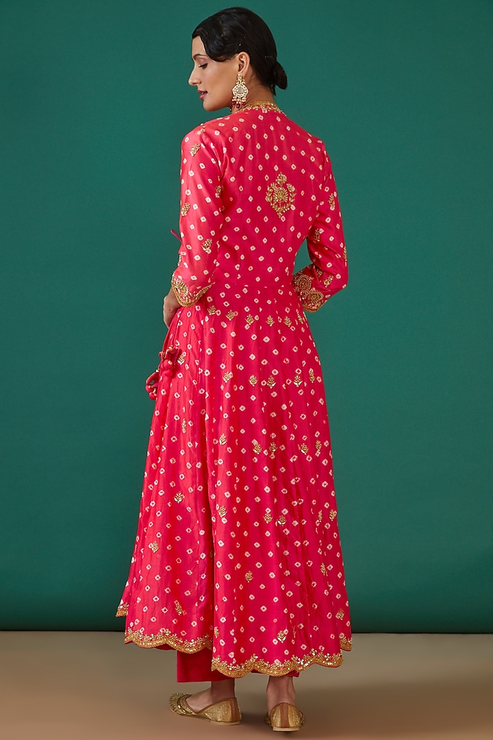 Red Pure Spun Silk Angrakha Wedding Anarkali Set by Surbhi Shah at Pernia's Pop Up Shop