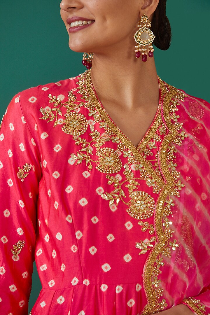 Red Pure Spun Silk Angrakha Wedding Anarkali Set by Surbhi Shah at Pernia's Pop Up Shop