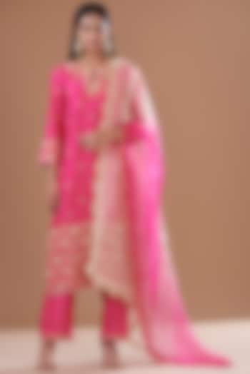 Rani Pink Pure Spun Silk Hand Embroidered Kurta Set by SURBHI SHAH