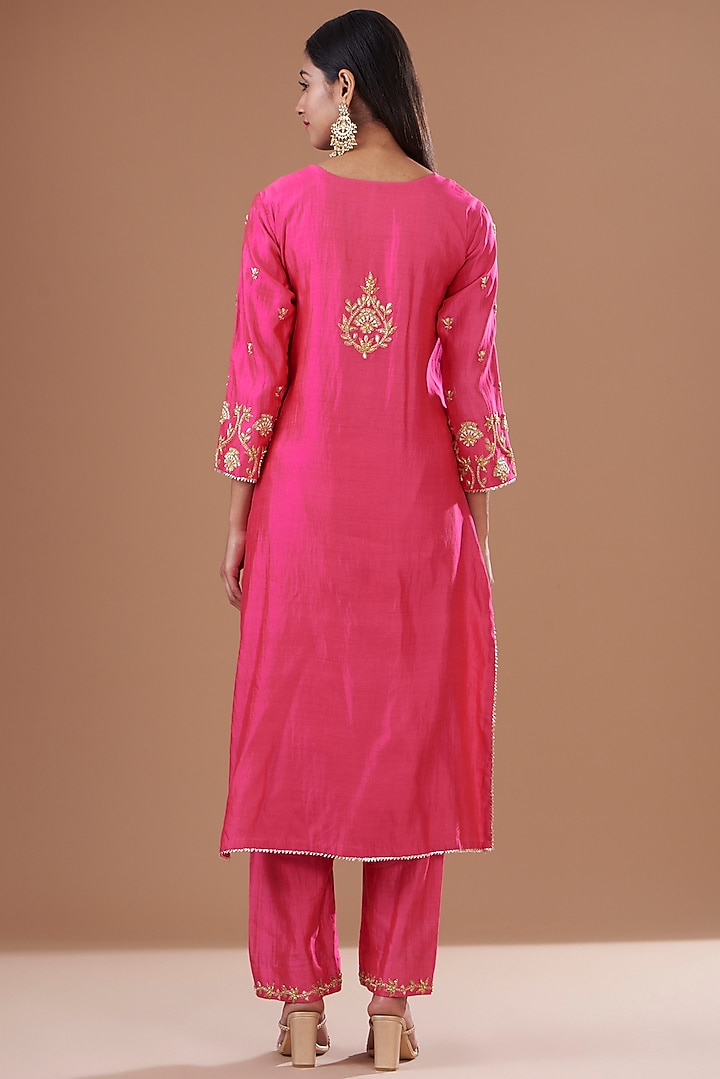 Rani Pink Pure Spun Silk Hand Embroidered Kurta Set by SURBHI SHAH at Pernia's Pop Up Shop