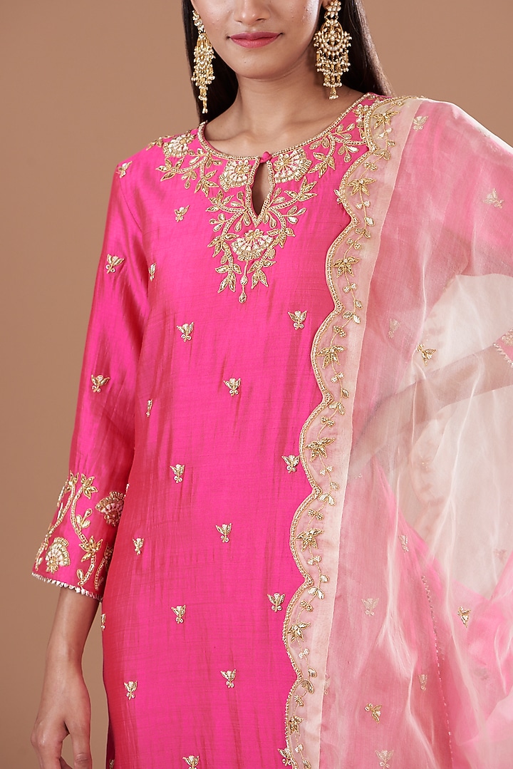 Rani Pink Pure Spun Silk Hand Embroidered Kurta Set by SURBHI SHAH at Pernia's Pop Up Shop