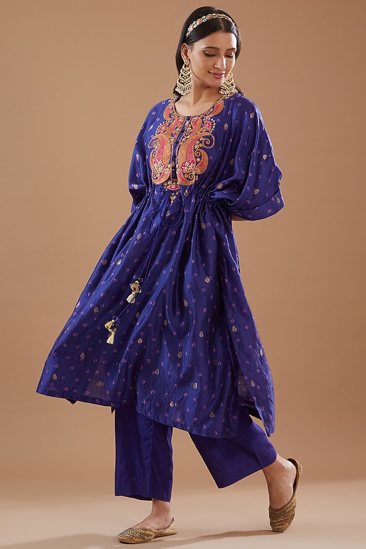 Blue Pure Spun Silk Hand Embroidered Kaftan Set by SURBHI SHAH