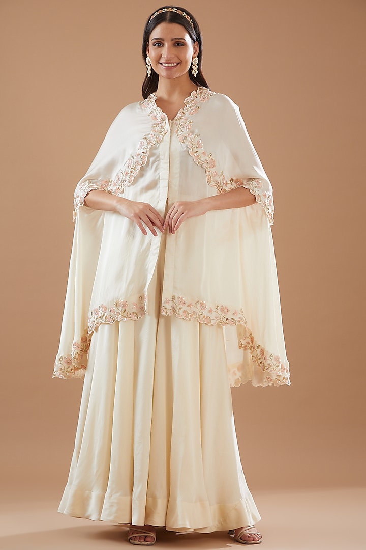 Ivory Pure Viscose Satin Hand Embroidered Cape Set by SURBHI SHAH