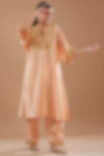 Peach Pure Spun Silk Hand Embroidered kaftan Set by SURBHI SHAH at Pernia's Pop Up Shop