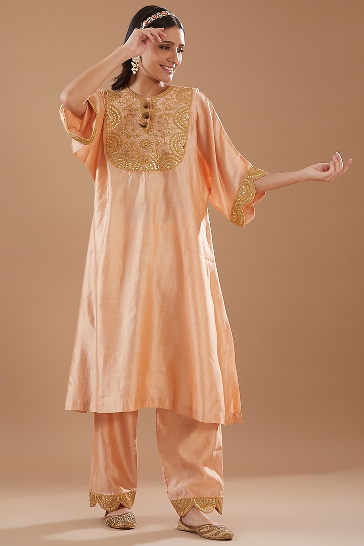Peach Pure Spun Silk Hand Embroidered kaftan Set by SURBHI SHAH at Pernia's Pop Up Shop
