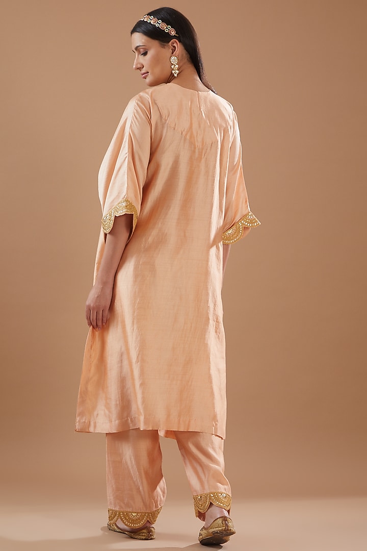 Peach Pure Spun Silk Hand Embroidered kaftan Set by SURBHI SHAH at Pernia's Pop Up Shop