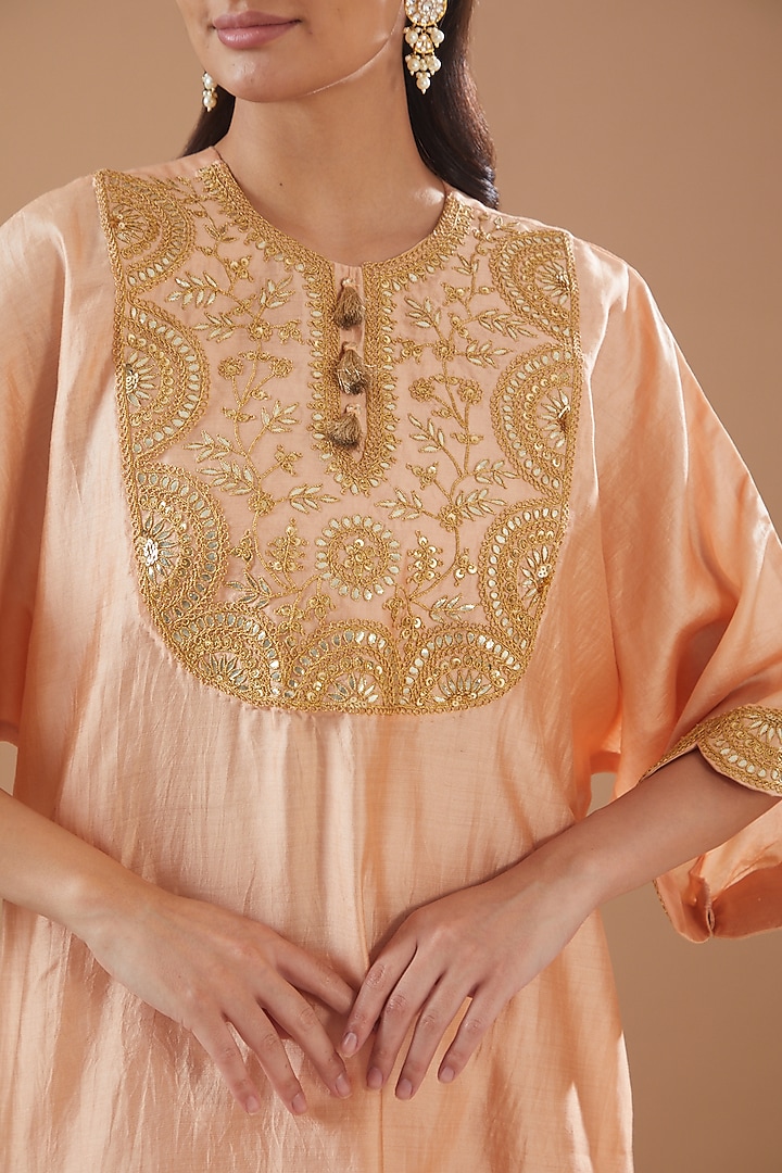 Peach Pure Spun Silk Hand Embroidered kaftan Set by SURBHI SHAH at Pernia's Pop Up Shop