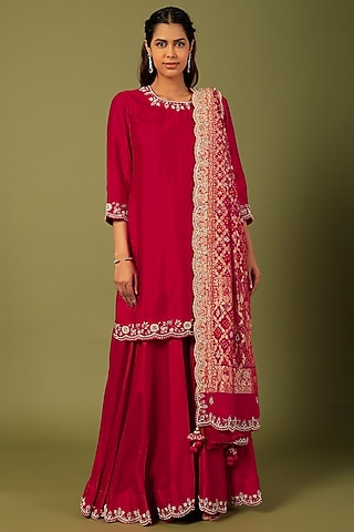 Red Embroidered Sharara Set by SURBHI SHAH