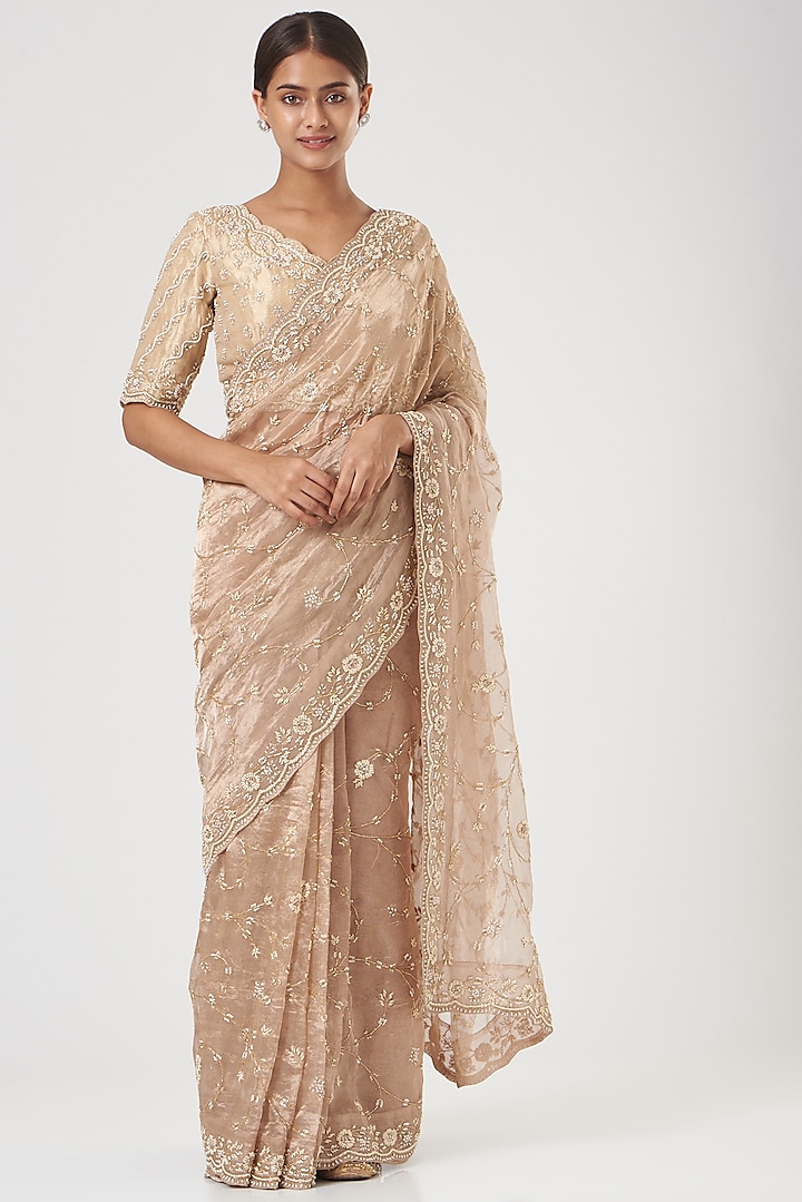 Dull Gold Embroidered Saree Set by SURBHI SHAH