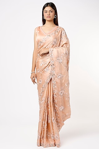 Powder Peach Satin Organza Embroidered Saree Set by SURBHI SHAH
