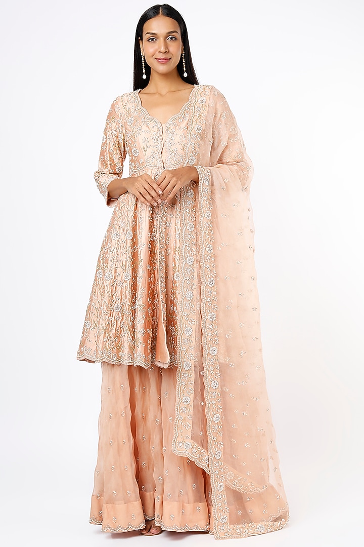 Peach Organza Bridal Sharara Set by SURBHI SHAH at Pernia's Pop Up Shop