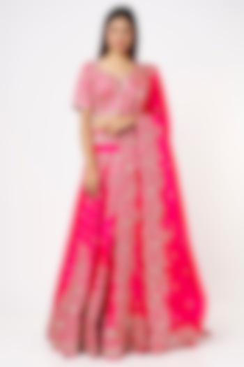 Strawberry Pink Silk Embroidered Bridal Lehenga Set by SURBHI SHAH at Pernia's Pop Up Shop